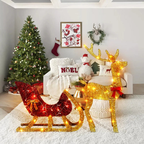 Lighted Christmas Reindeer & Sleigh Yard Decoration Set.